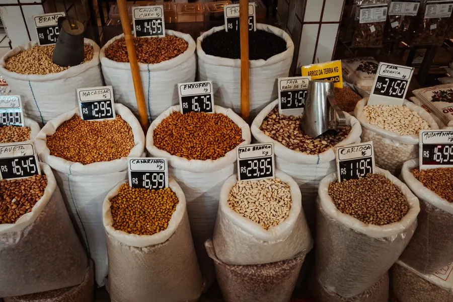 Assorted pulses and lentils in sacks at a market